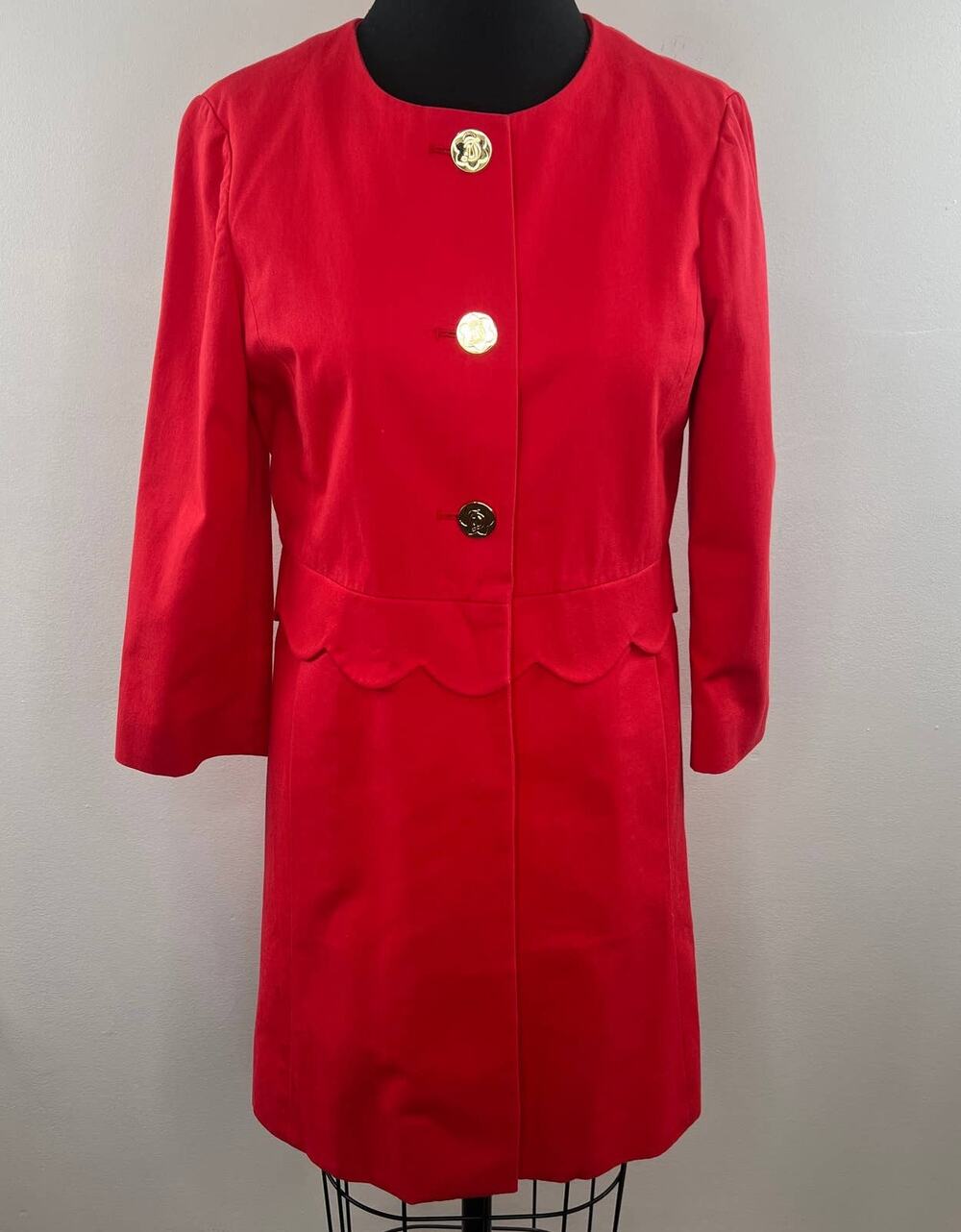 Draper James Scallop Trench Coat Lollipop Red Gold Buttons Mid-Length Cotton 4